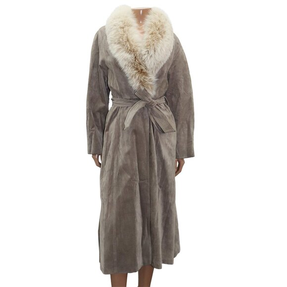Vintage 70s/80s Penny Lane Suede Leather Wrap Trench Coat Fox Fur Collar M/L - Picture 1 of 6